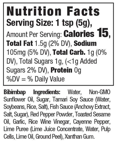 Nutrition facts label for HYCH Bibimbap Korean Hot Sauce