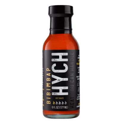 Bottle of Hych Bibimbap hot sauce on a white background