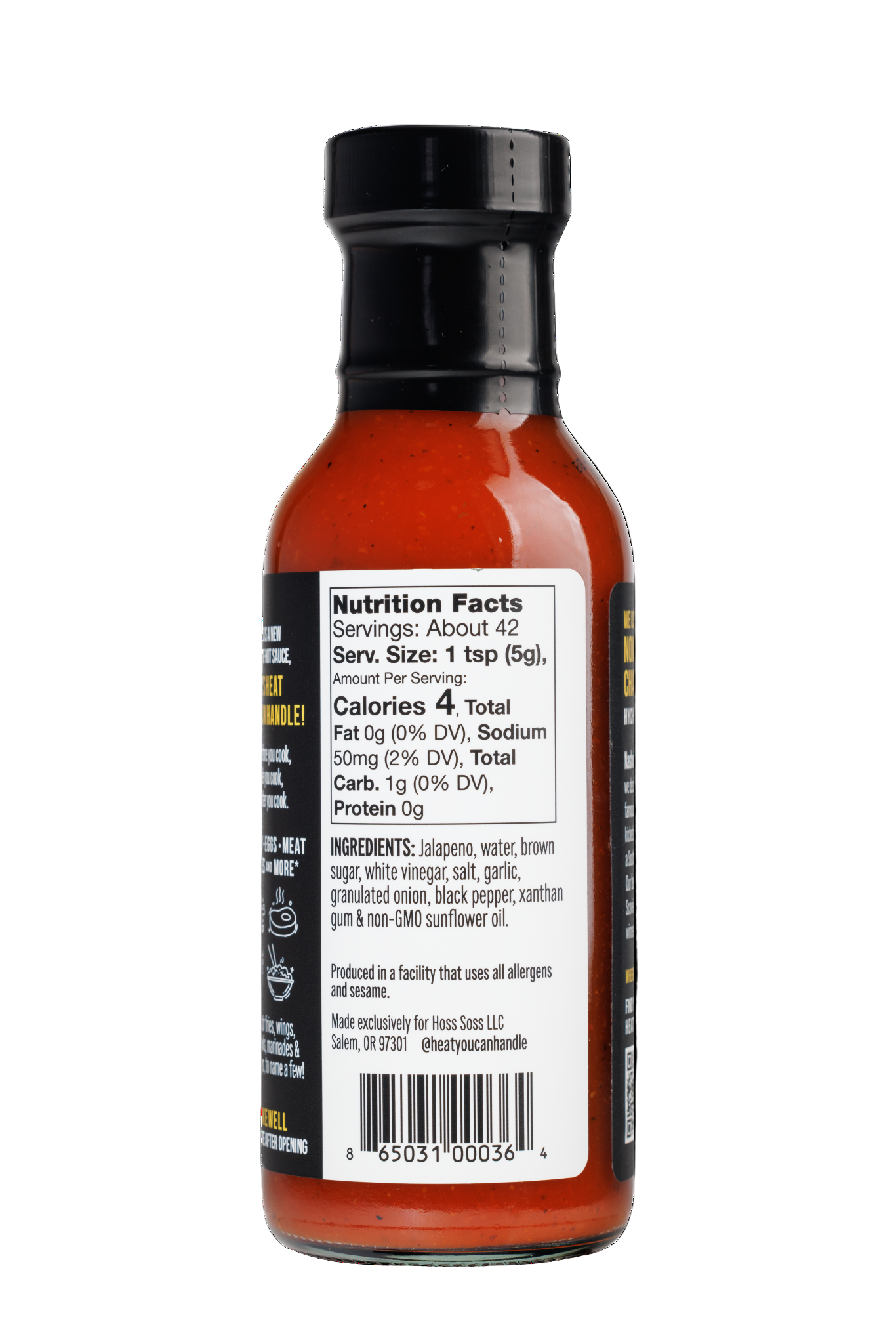 Bottle of  Nashville Heat You Can Handle hot sauce with nutrition facts label on a white background