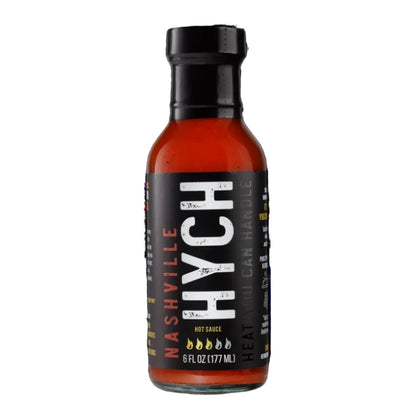 Bottle of Nashville Hych hot sauce on a white background
