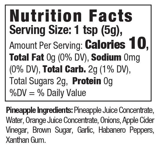 Nutrition facts label for HYCH Habanero Pineapple Hot Sauce