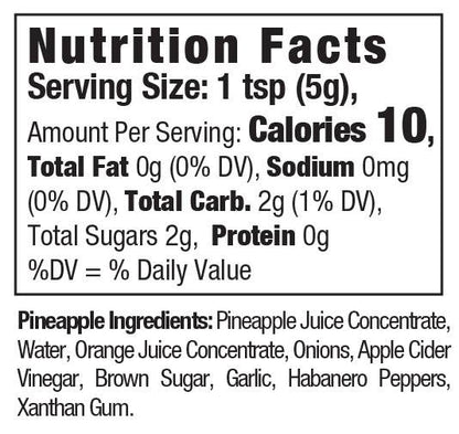 Nutrition facts label for HYCH Habanero Pineapple Hot Sauce