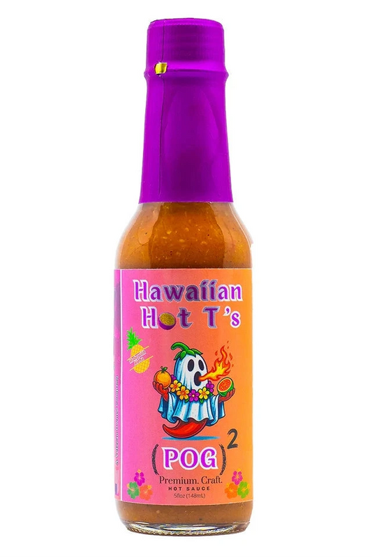Hot sauce bottle with pink label featuring 'Hawaiian Hot T's' branding on a white background.