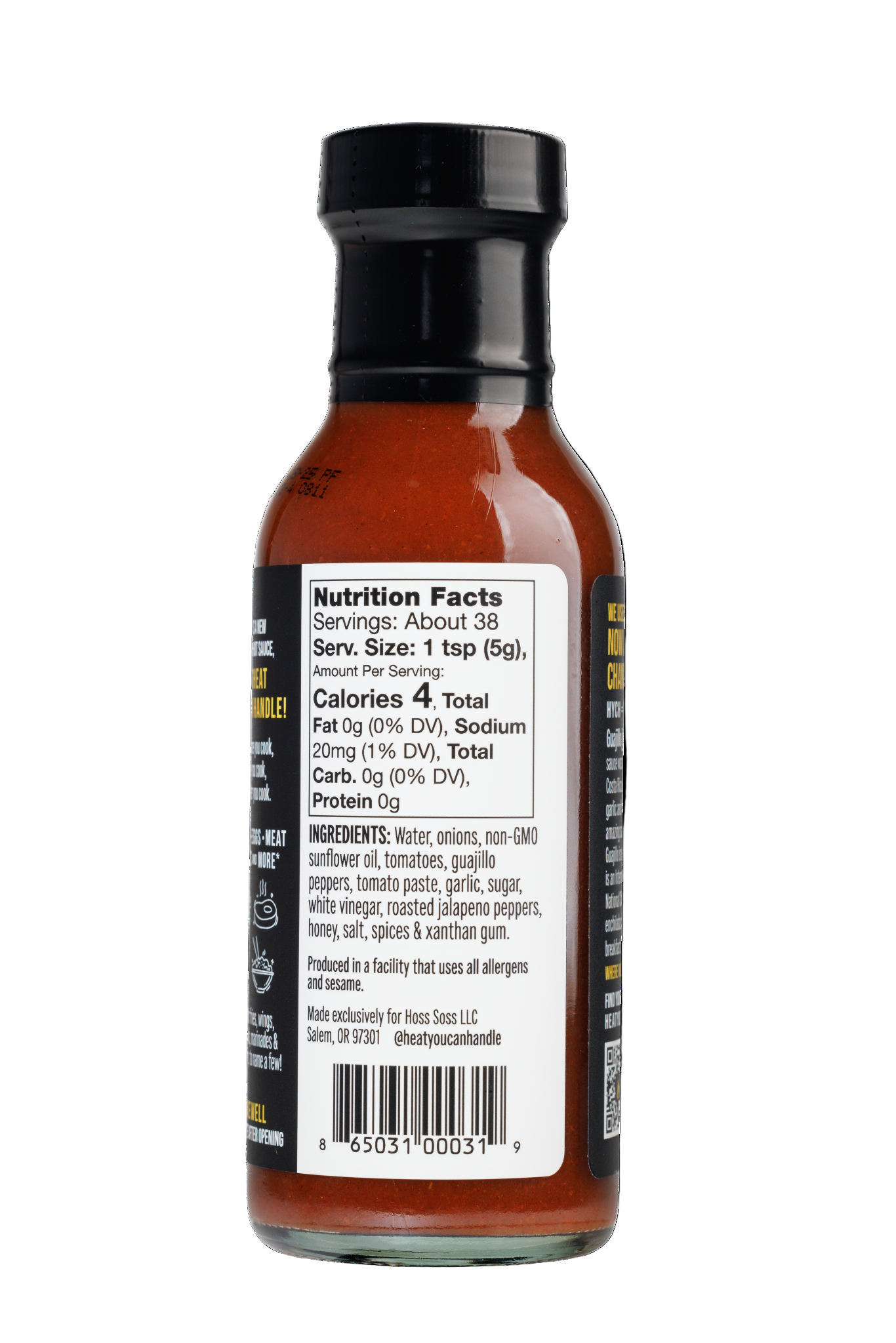 Bottle of Guajillo sauce with nutrition facts label on a white background