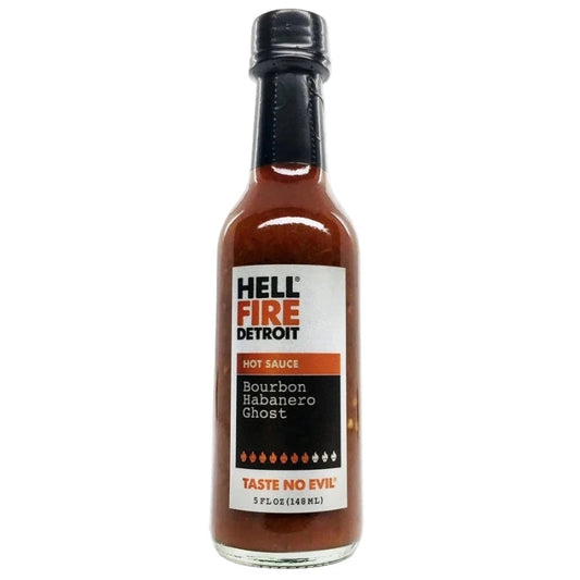 Hell Fire Detroit Bourbon Habanero Ghost hot sauce bottle on a white background