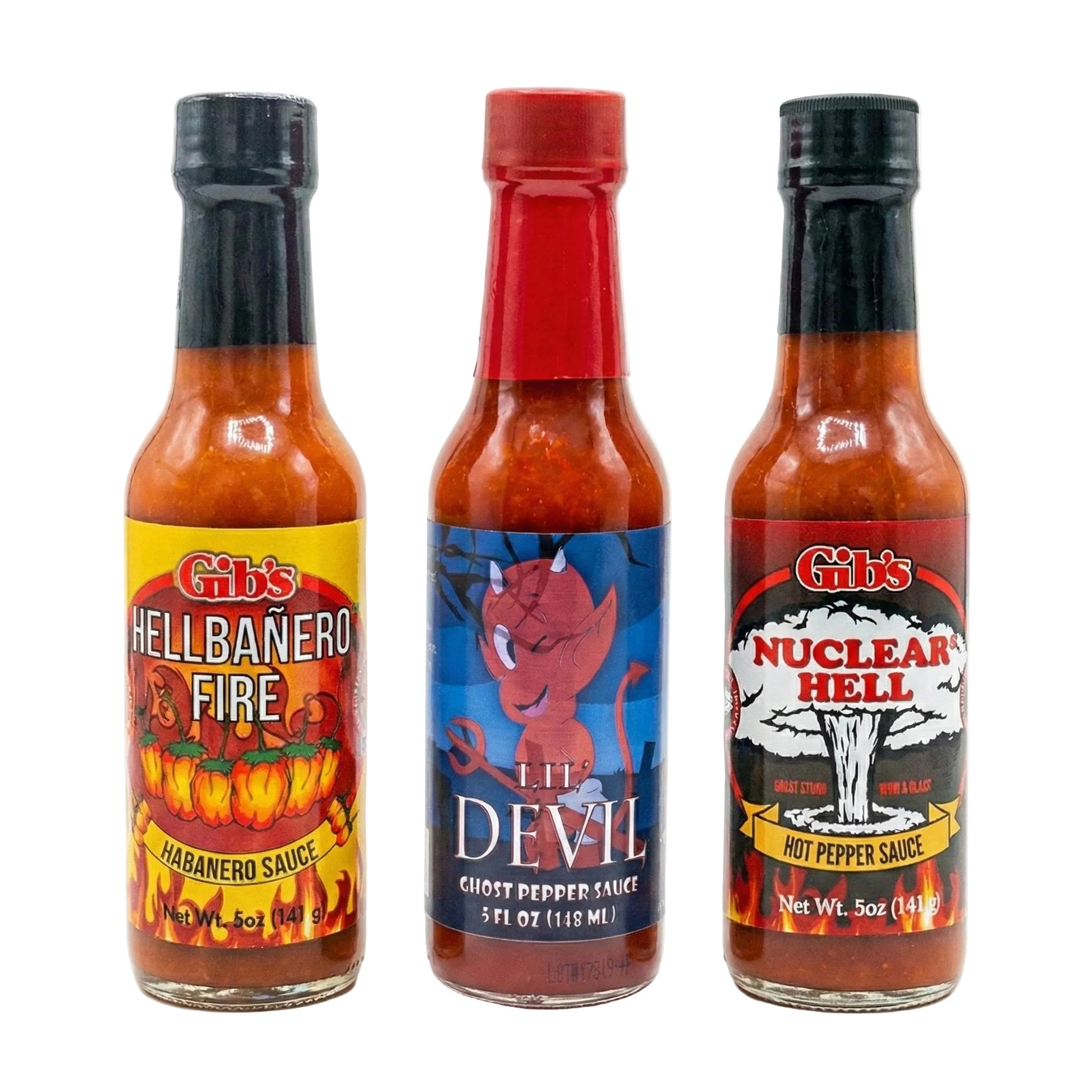 Three bottles of hot sauce with colorful labels on a white background