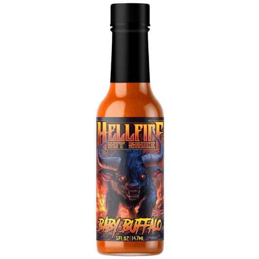 Hellfire Hot Sauce bottle with a fiery design on a white background