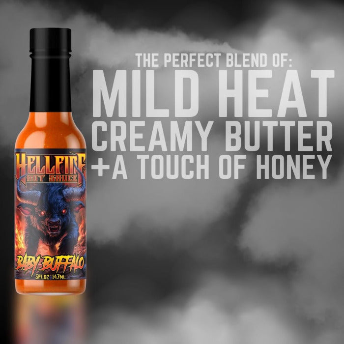 Hellfire Baby Buffalo hot sauce bottle with descriptive text on a dark background