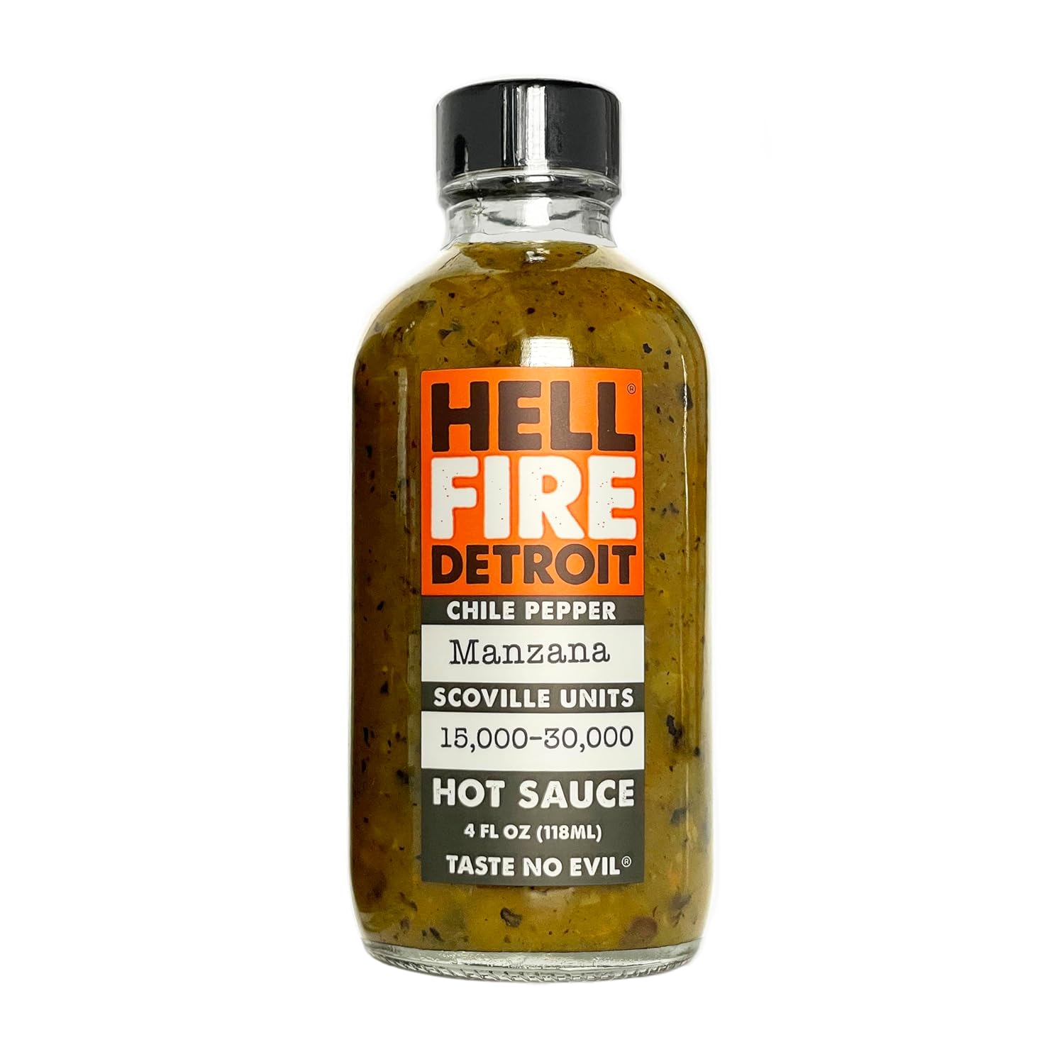 Hell Fire Detroit hot sauce bottle on a white background
