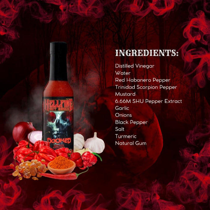 Hellfire Doomed Hot sauce bottle with ingredients listed on a dark background with red smoke effects