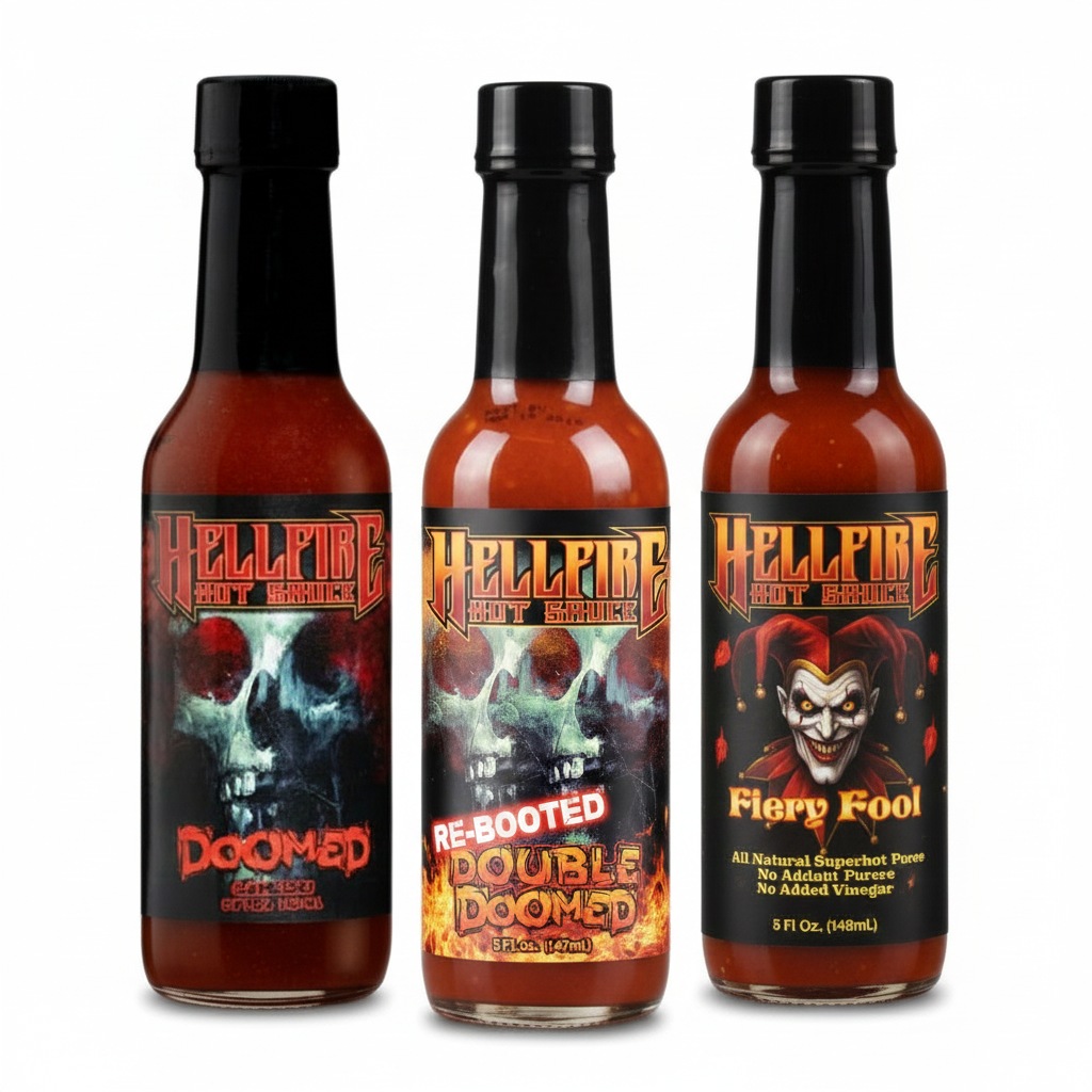 Three bottles of Hellfire Hot Sauce with colorful labels on a white background
