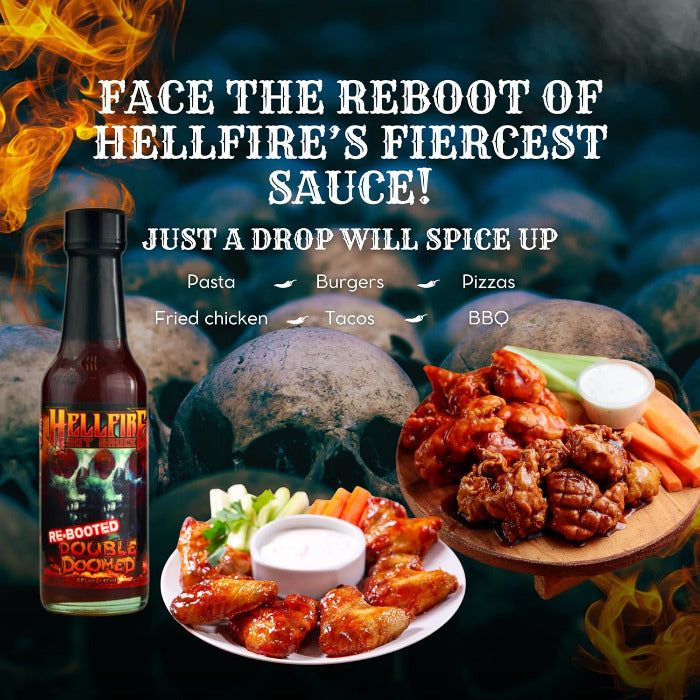 Promotional image of Hellfire sauce with food items and text about its spiciness.
