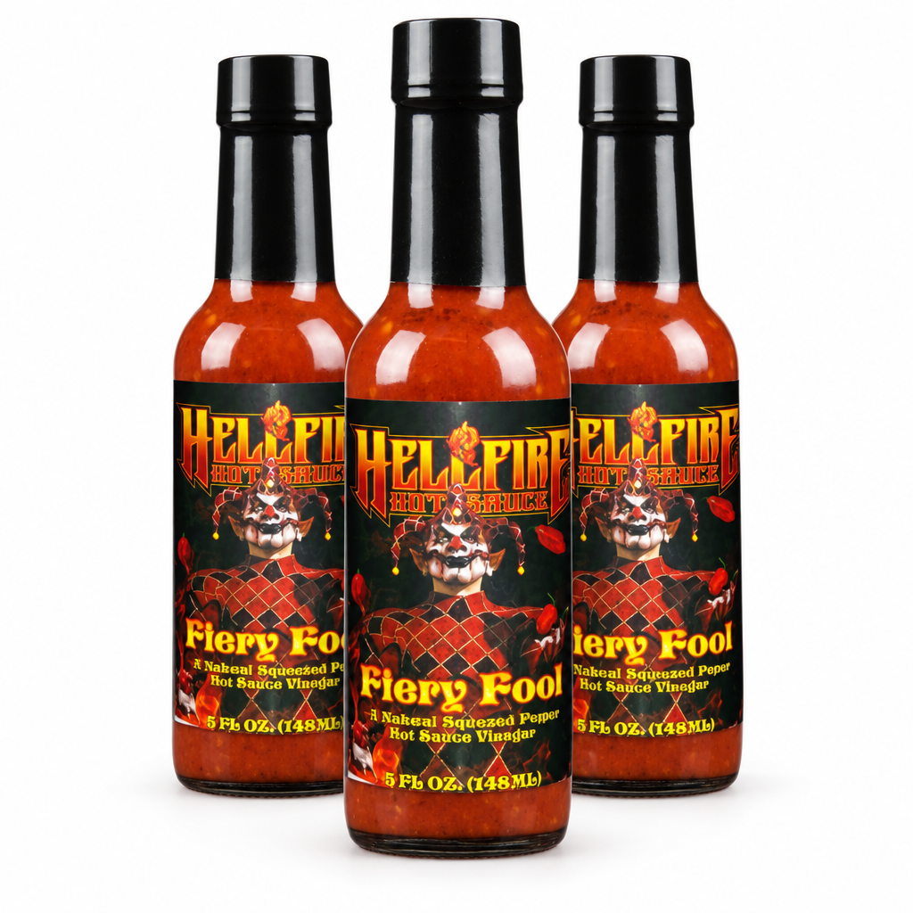 Three bottles of Hellfire Fiery Fool Hot Sauce
