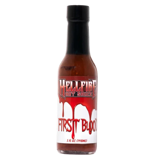Bottle of Hellfire First Blood hot sauce on a white background