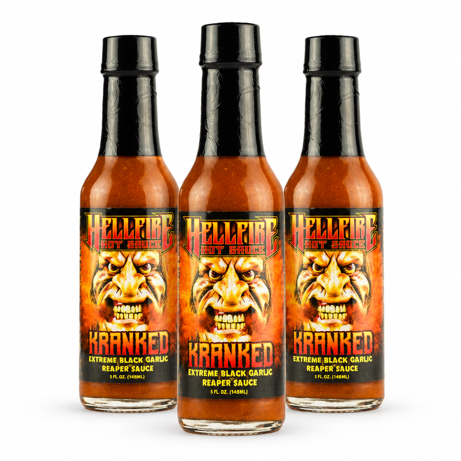 Three bottles of Hellfire Kranked Hot Sauce