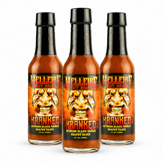 Three bottles of Hellfire Kranked Hot Sauce
