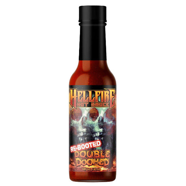 Hellfire Re-Booted Double Doomed Hot Sauce bottle with a fiery design 