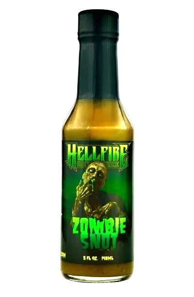 Hellfire Zombie Shot hot sauce in a 5 fl. oz. glass bottle with a black cap and a green label featuring a zombie graphic.
