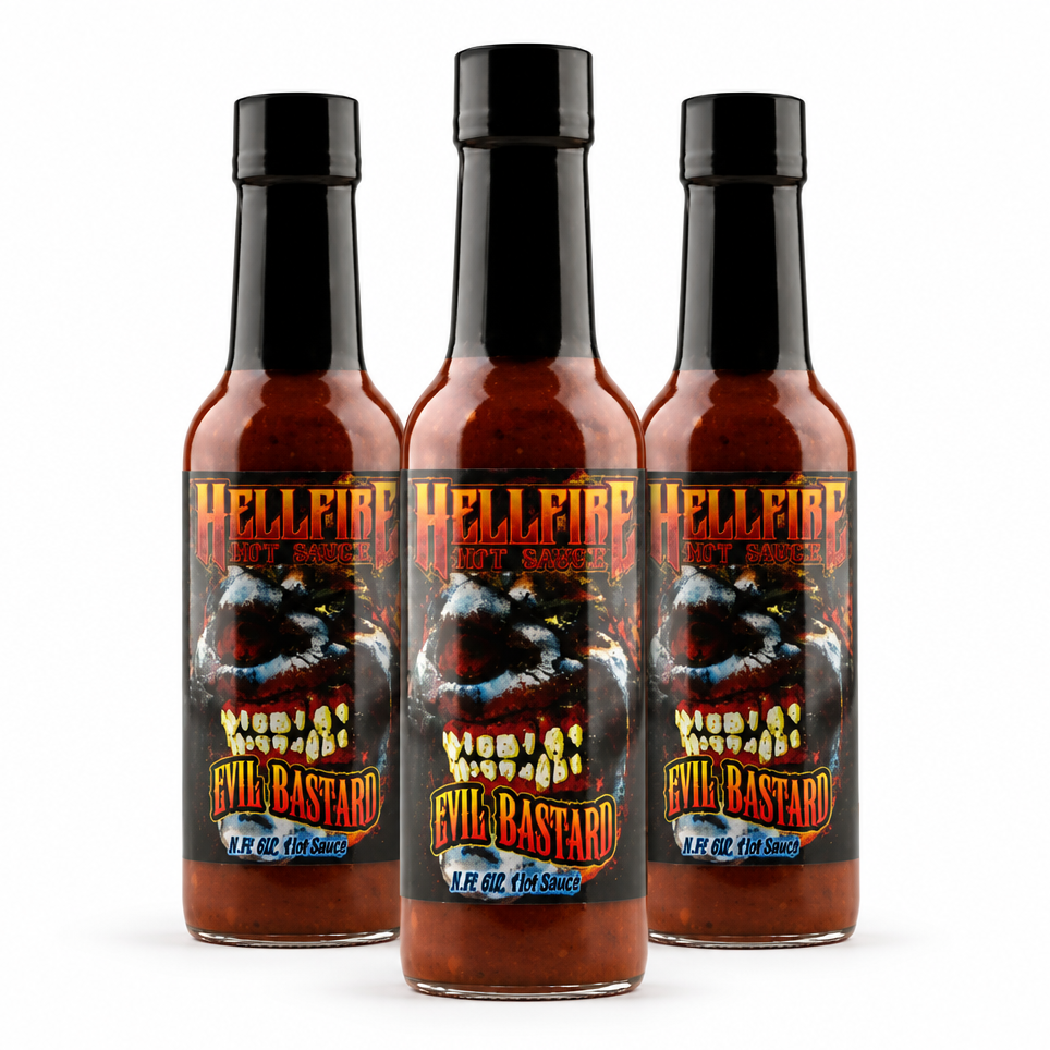 Three bottles of Hellfire Evil Bastard Hot Sauce
