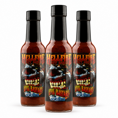 Three bottles of Hellfire Evil Bastard Hot Sauce