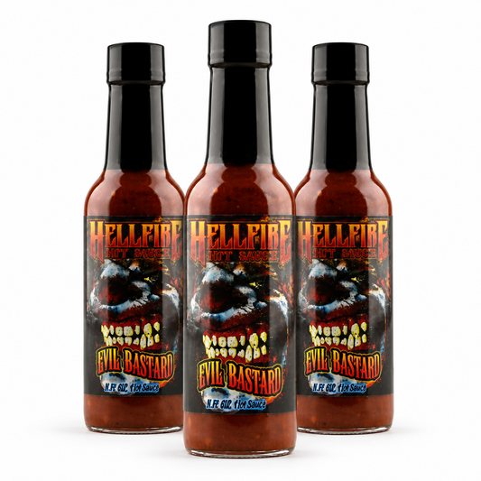 Three bottles of Hellfire Evil Bastard Hot Sauce