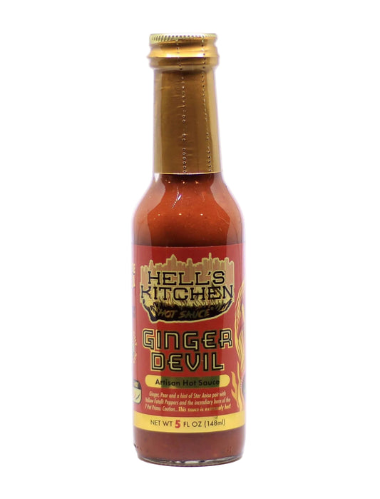Hell's Kitchen Ginger Devil hot sauce bottle on a white background
