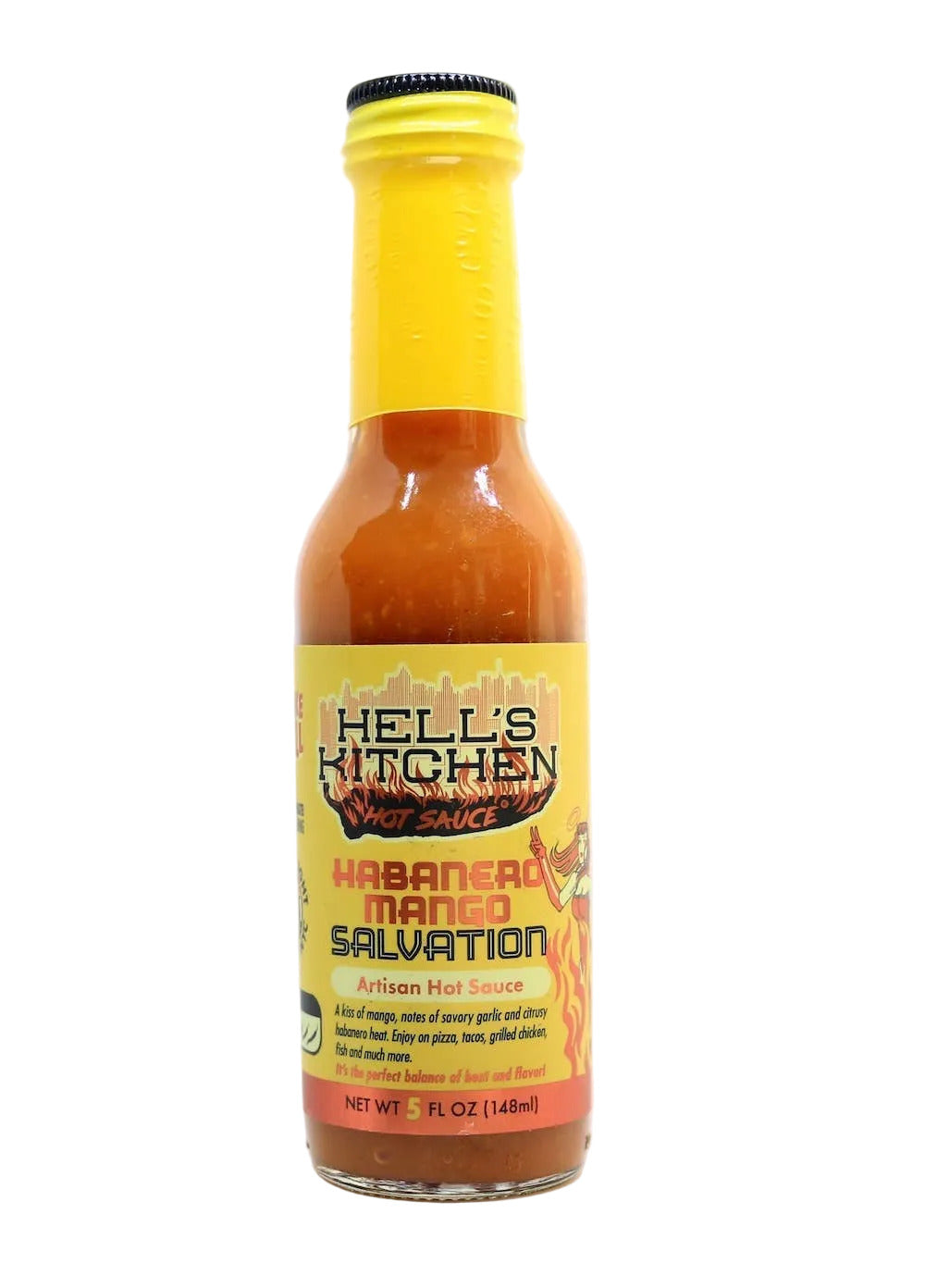 Hell's Kitchen Habanero Mango Salvation hot sauce bottle on a white background