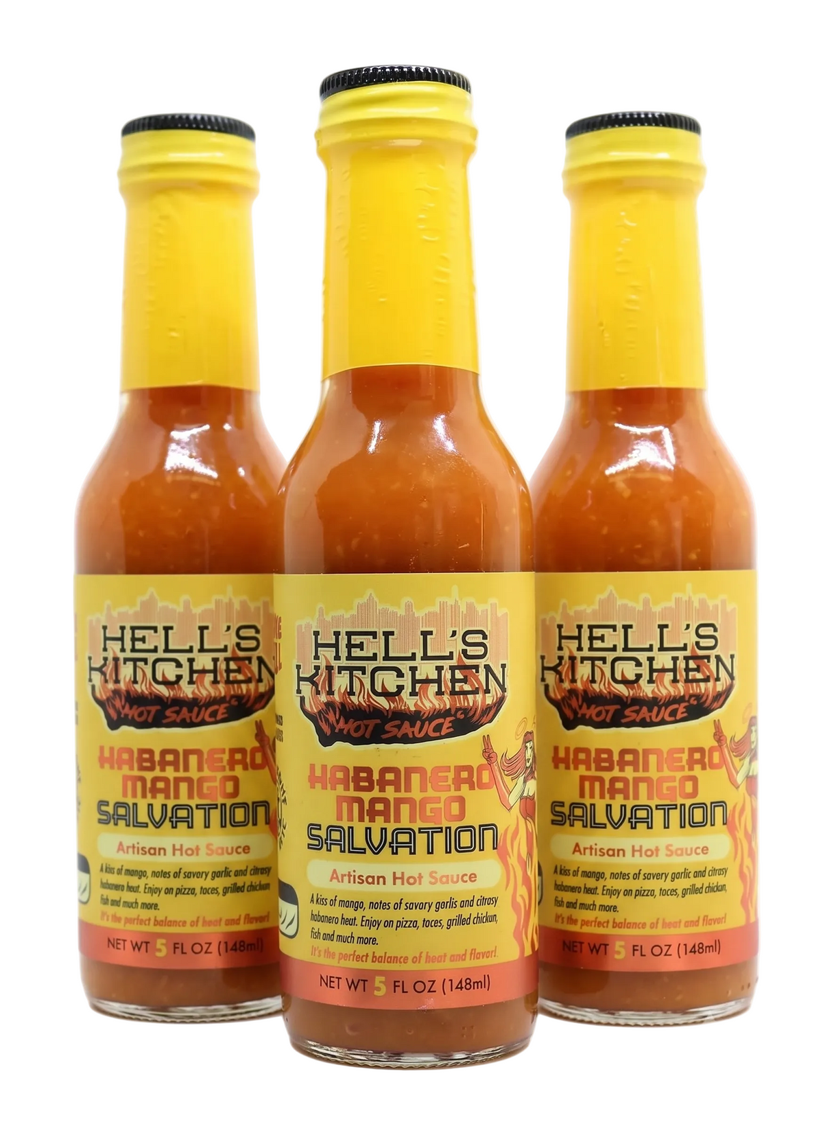 Three bottles of Hell's Kitchen Habanero Mango Salvation hot sauce arranged in a group on a white background.