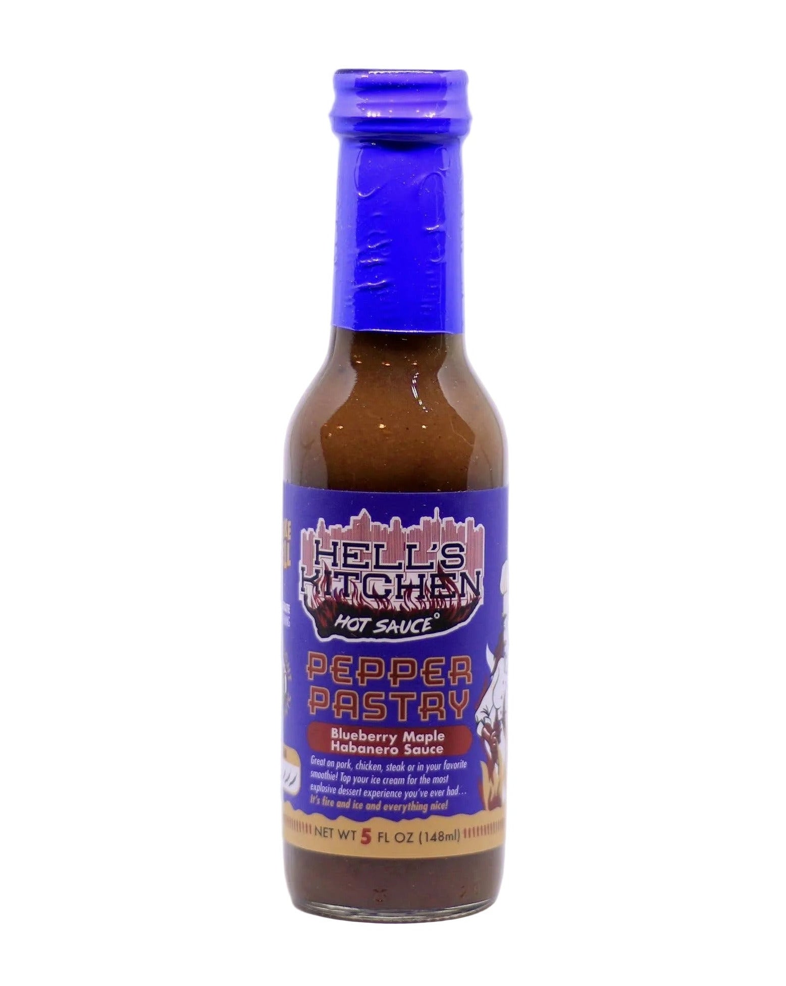 Bottle of Hell's Kitchen Pepper Pastry hot sauce with a blue cap on a white background