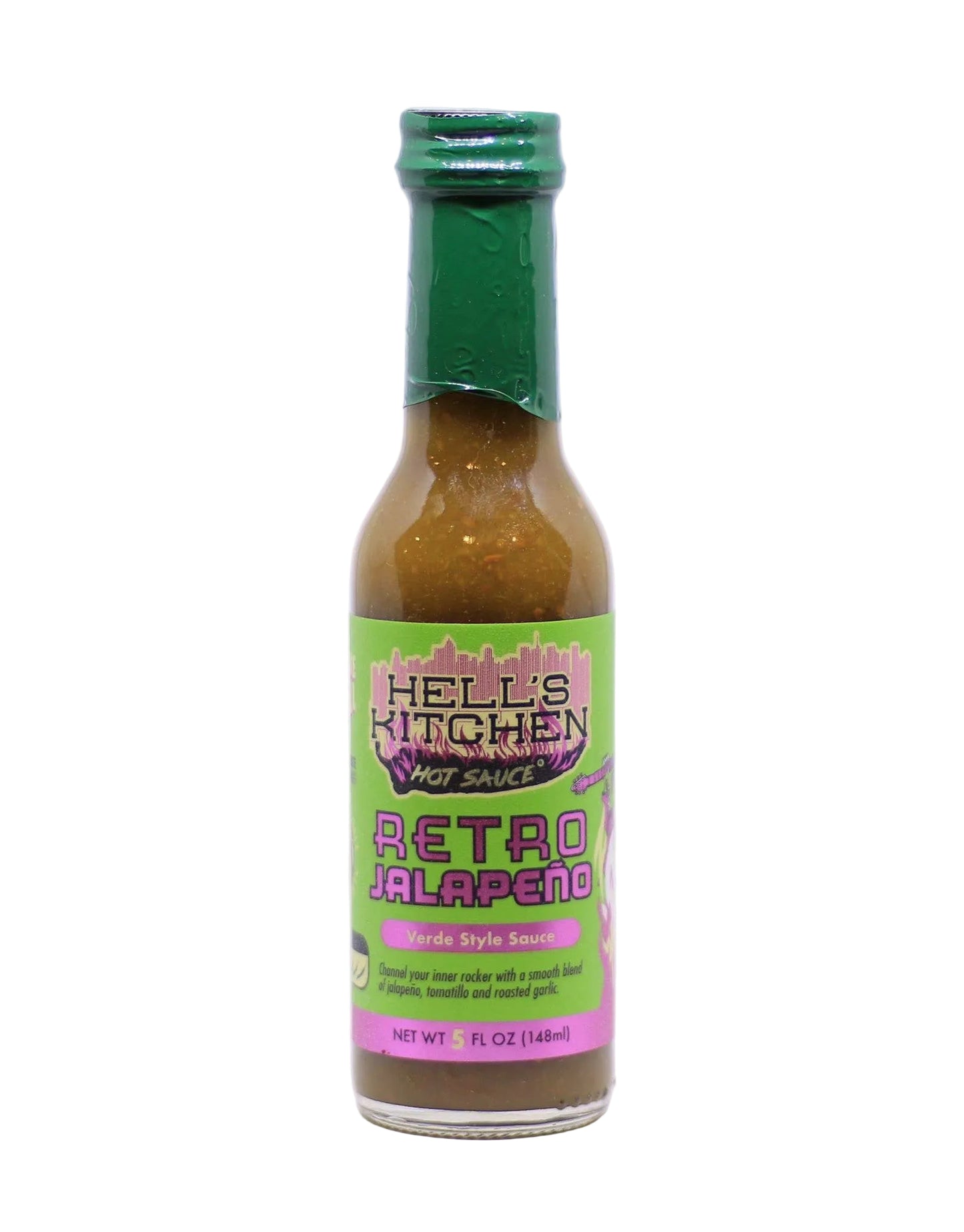 Bottle of Hell's Kitchen Retro Jalapeno hot sauce on a white background