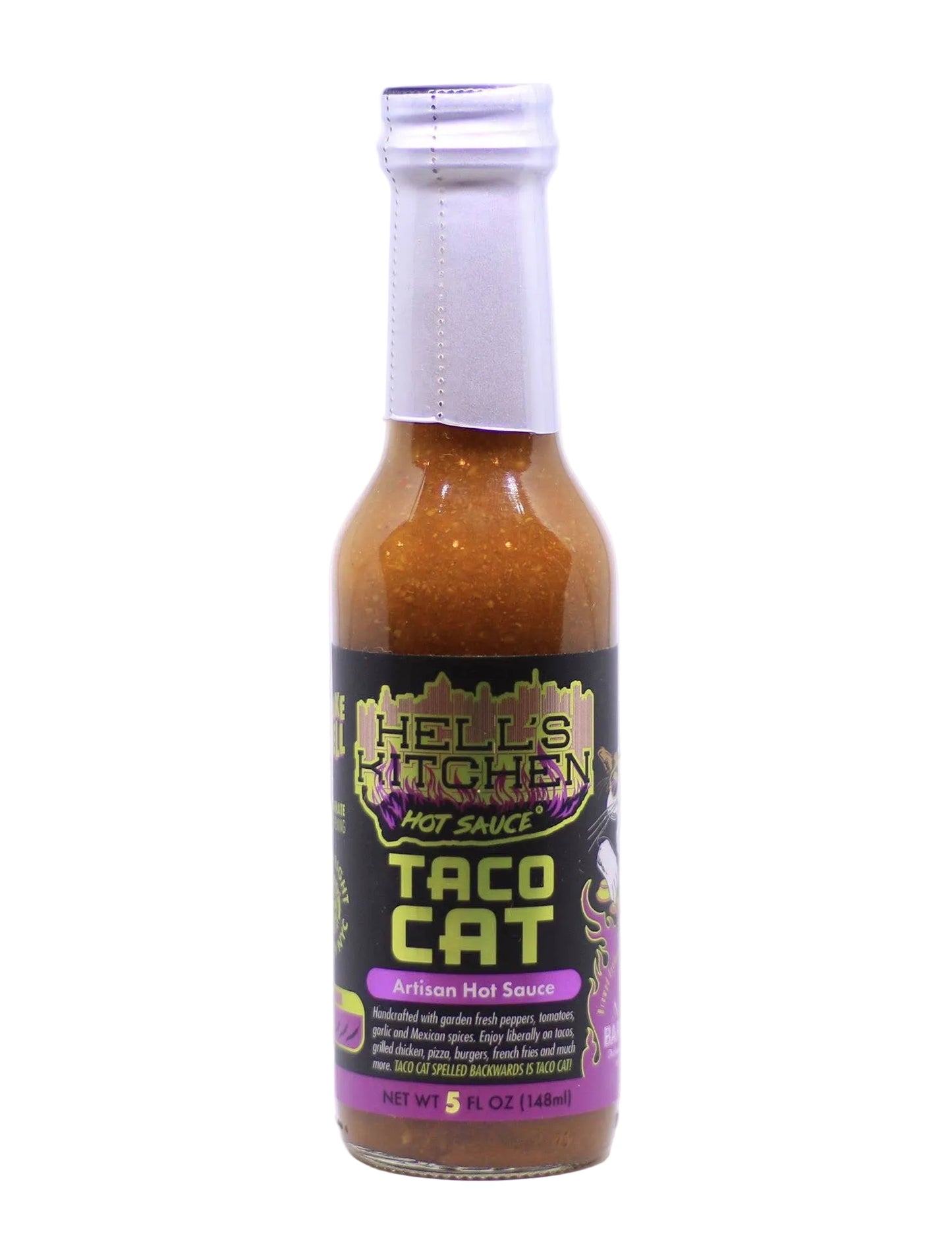 Bottle of Hells Kitchen Taco Cat hot sauce on a white background