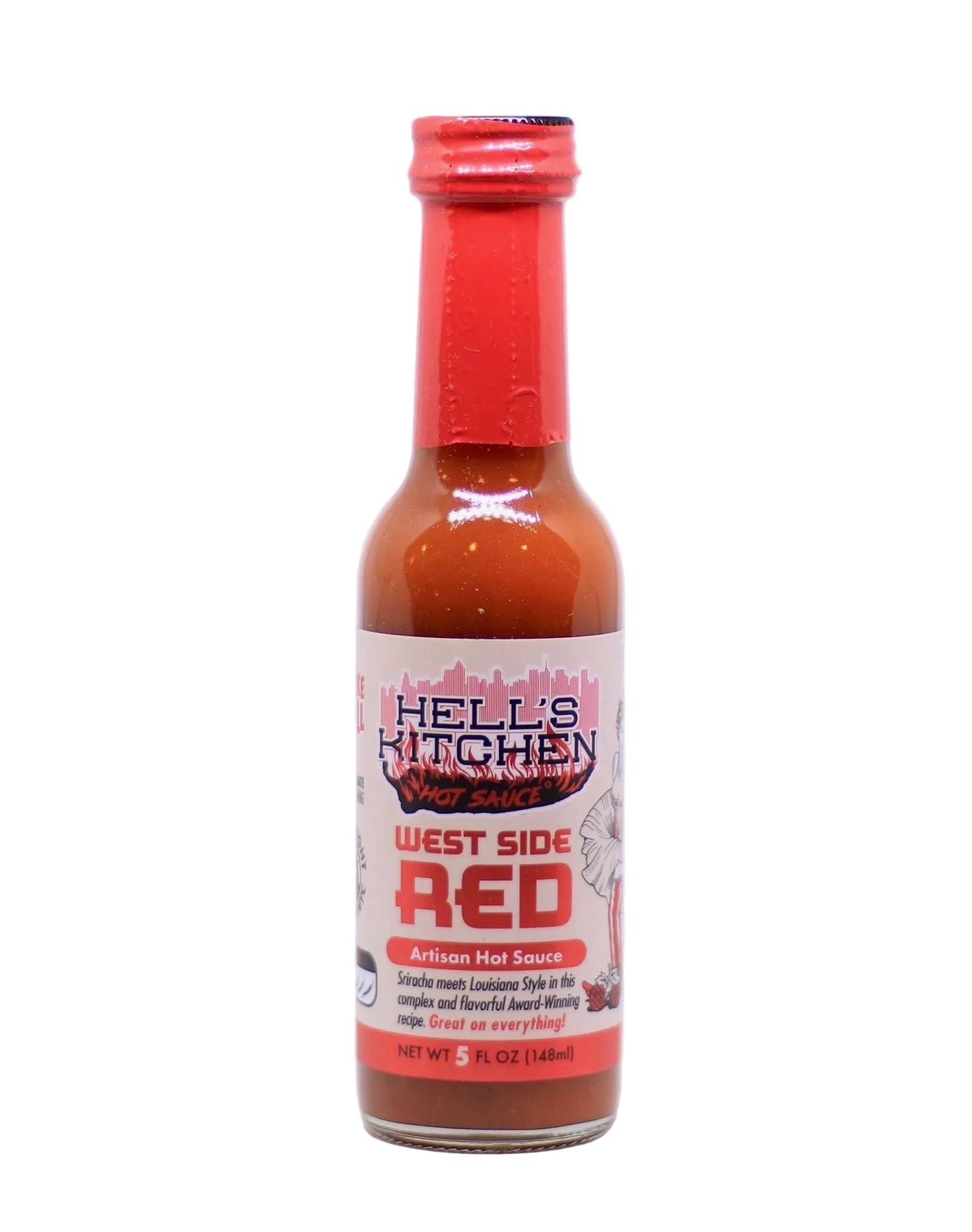 Bottle of Hell's Kitchen West Side Red hot sauce on a white background