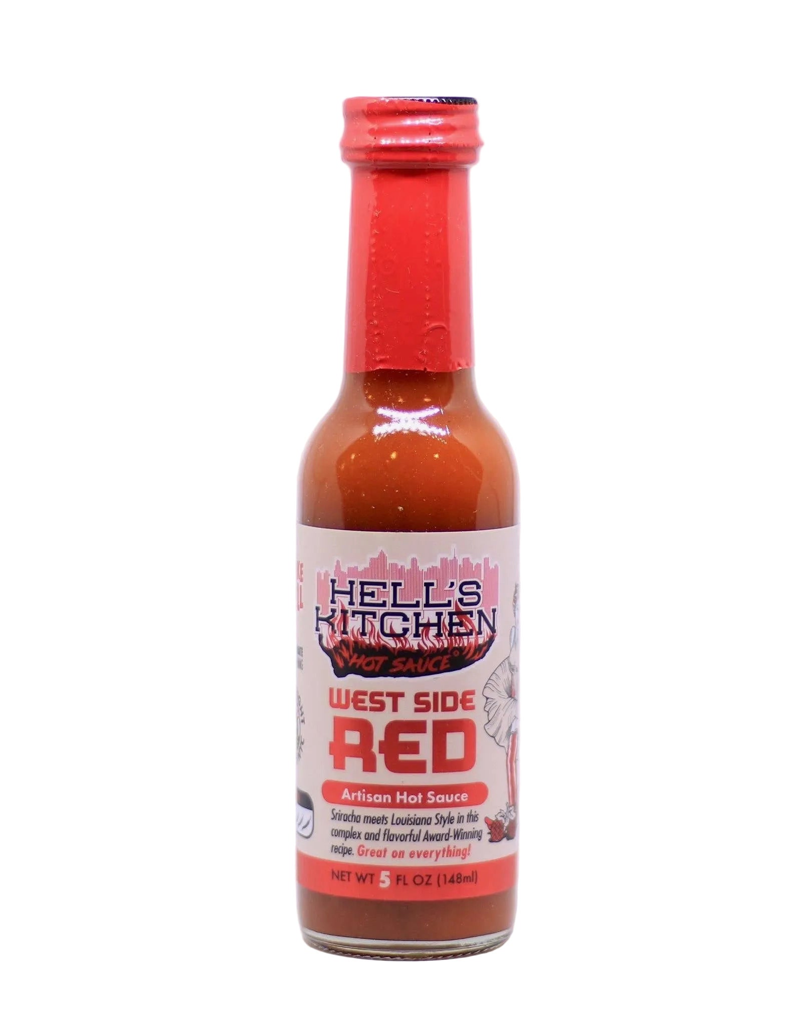 Bottle of Hell's Kitchen West Side Red hot sauce on a white background