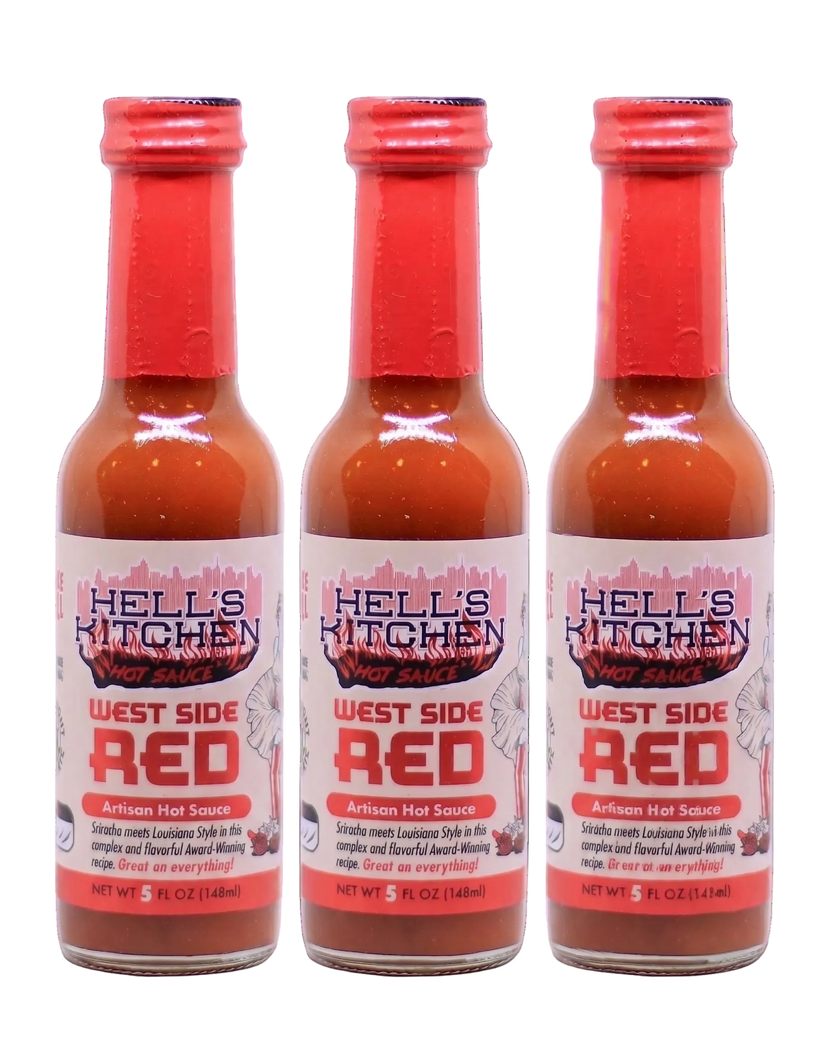 Three bottles of Hell's Kitchen West Side Red Artisan Hot Sauce arranged side by side on a white background.
