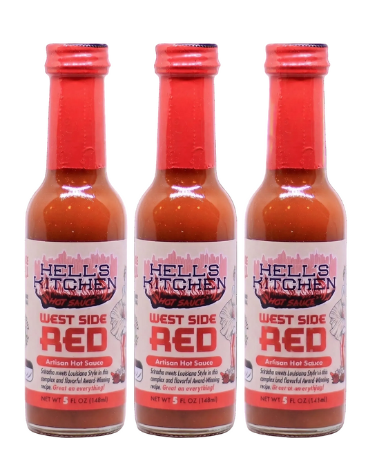 Three bottles of Hell's Kitchen West Side Red Artisan Hot Sauce arranged side by side on a white background.