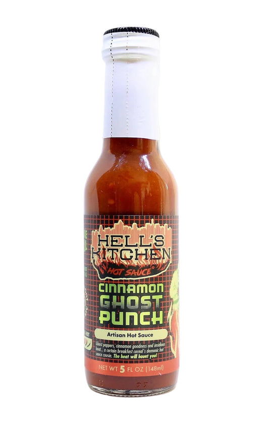 Hell's Kitchen Cinnamon Ghost Punch hot sauce bottle on a white background