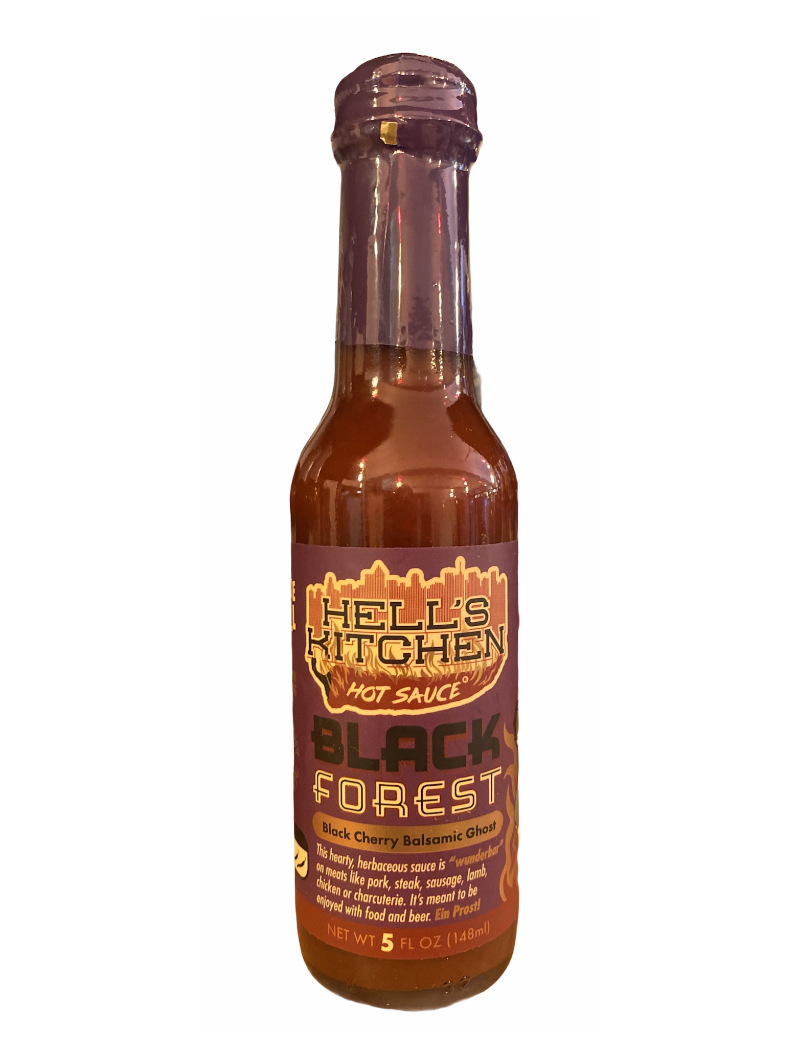 Bottle of Hell's Kitchen Black Forest hot sauce on a white background