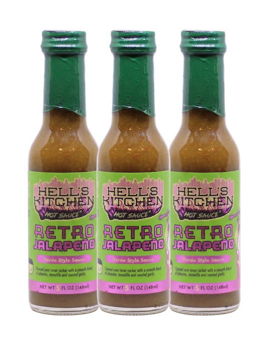 Three bottles of Hell's Kitchen Retro Jalapeño Verde Style Hot Sauce arranged side by side on a plain white background.