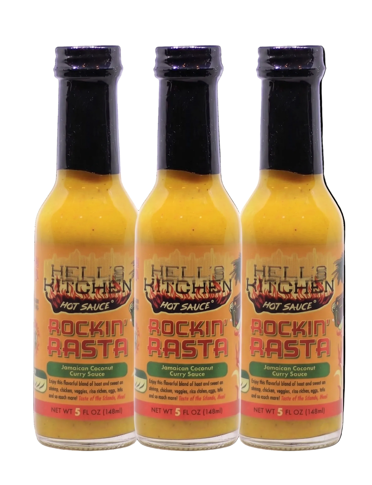 Three bottles of Hell's Kitchen Rockin' Rasta Hot Sauce arranged side by side on a plain white background.