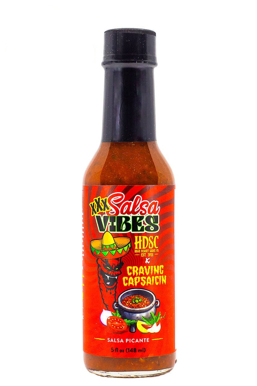 Salsa bottle with 'Salsa Vibes' label on a white background
