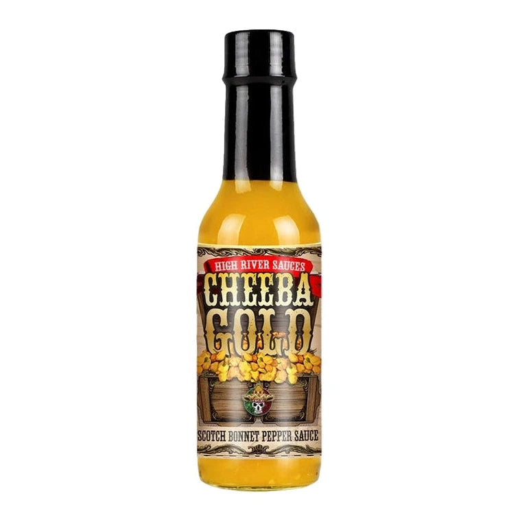 Bottle of High River Radics Cheeba Gold hot sauce on a white background