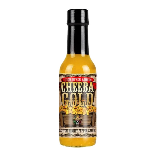 Bottle of High River Radics Cheeba Gold hot sauce on a white background