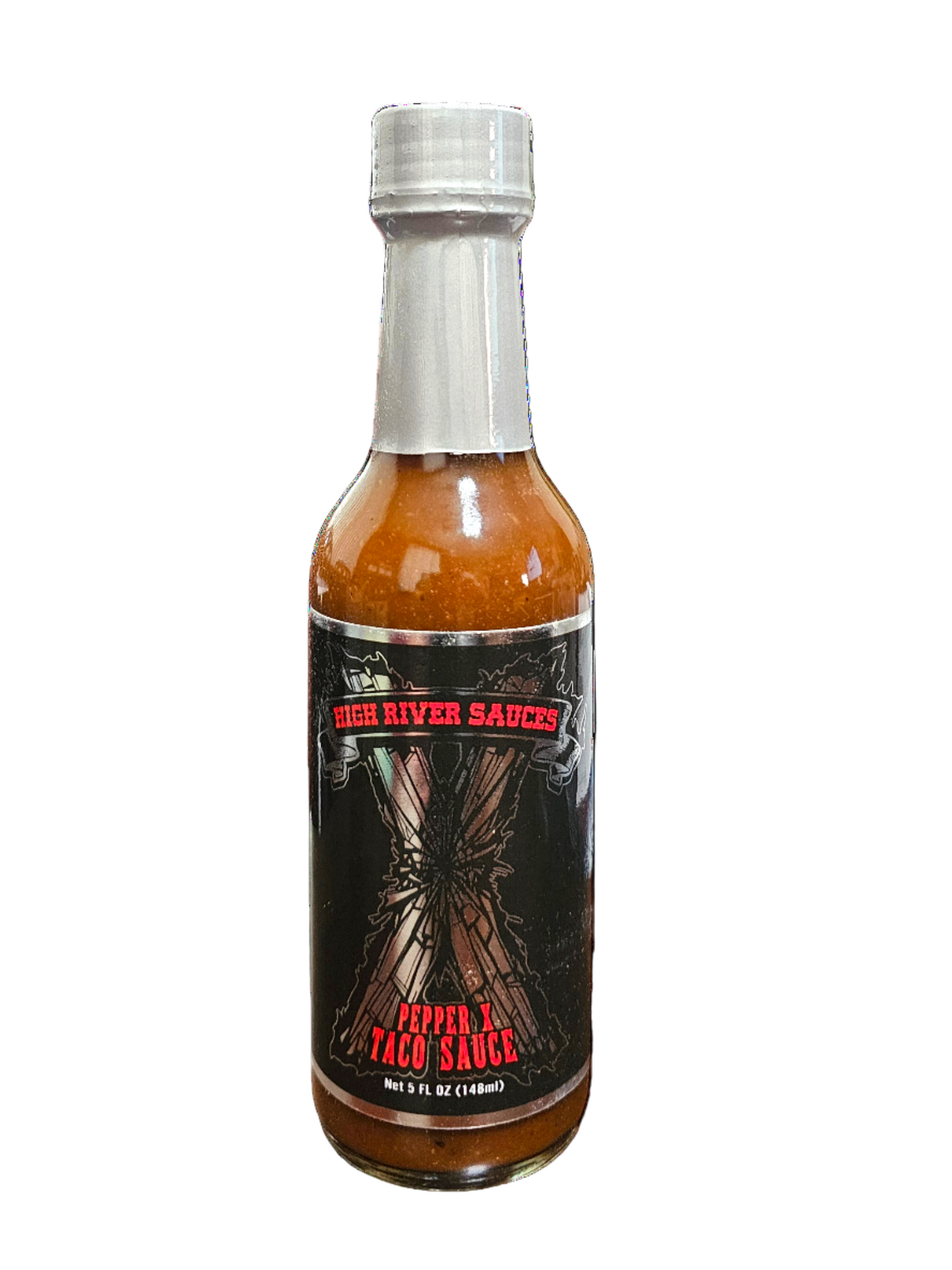 High River Sauces Pepper X Taco Hot sauce bottle with label on a white background