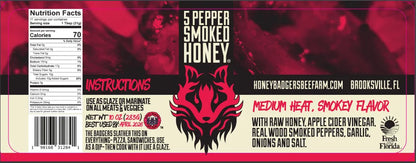 Honey Badger's Beef Farm label with a red and black design featuring a bear logo.