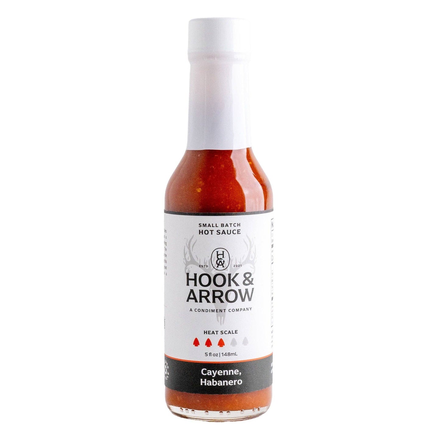 Hook & Arrow Cayenne Habanero hot sauce bottle on a white background