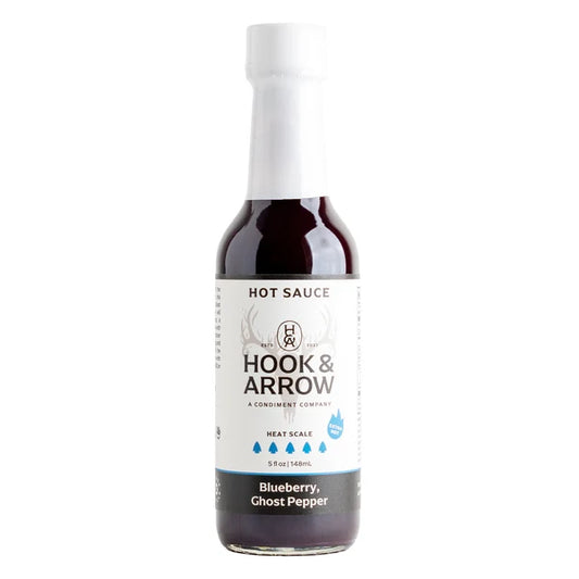 Hook & Arrow hot sauce bottle on a white background