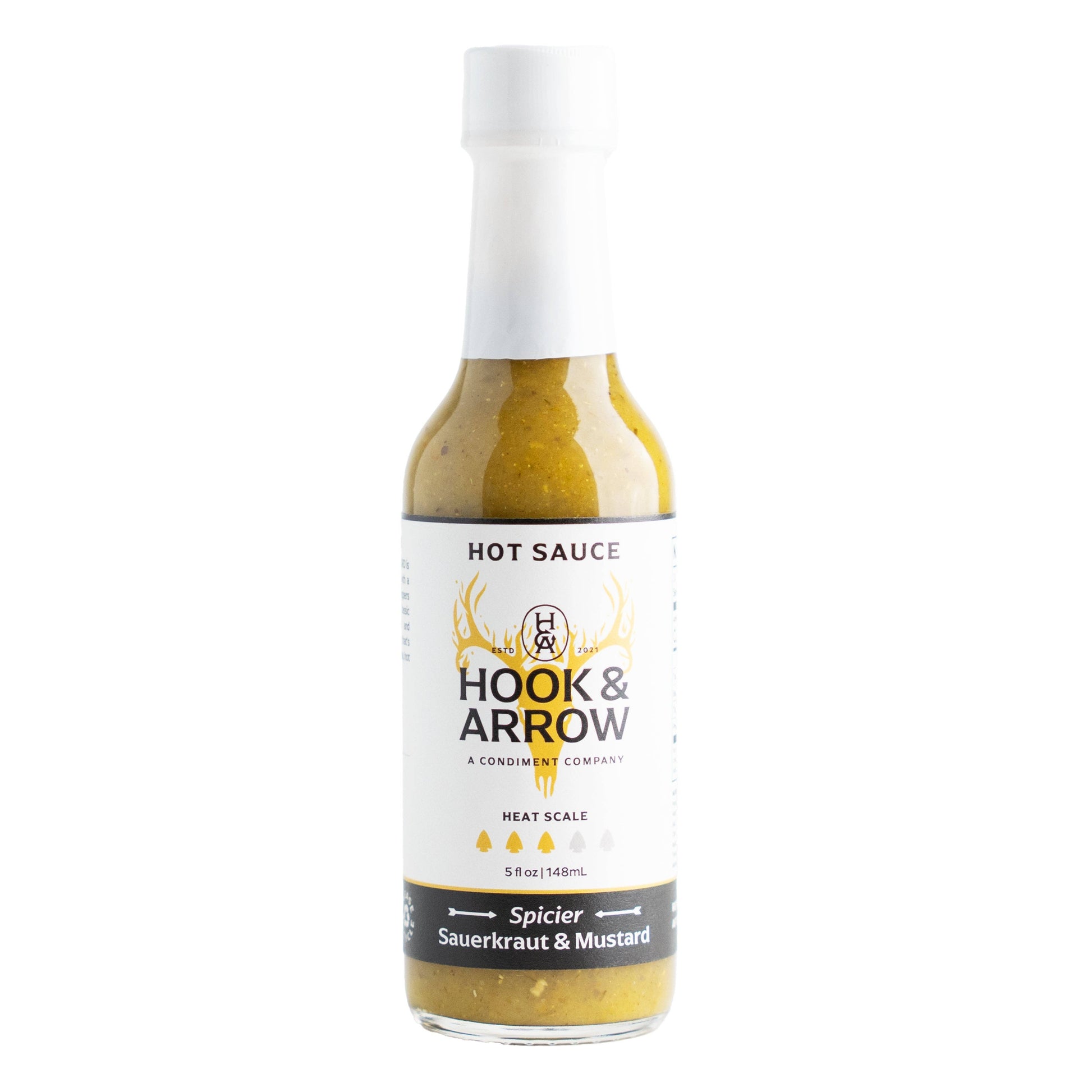 Hook & Arrow hot sauce bottle on a white background