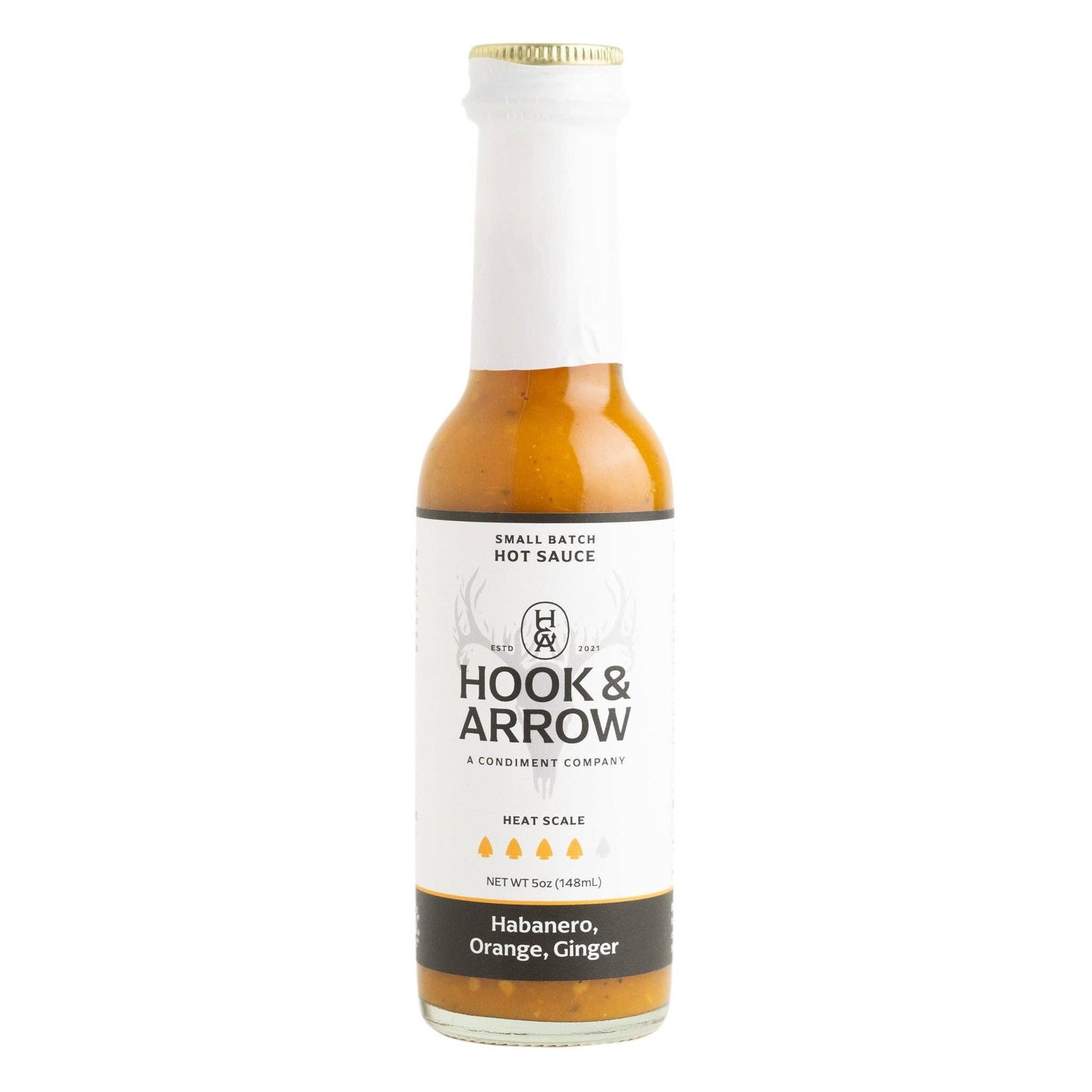 Hook & Arrow hot sauce bottle on a white background