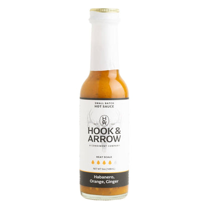 Hook & Arrow hot sauce bottle on a white background