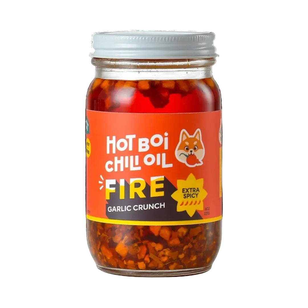 Jar of Hot Boi Chilli Oil with a red label on a white background
